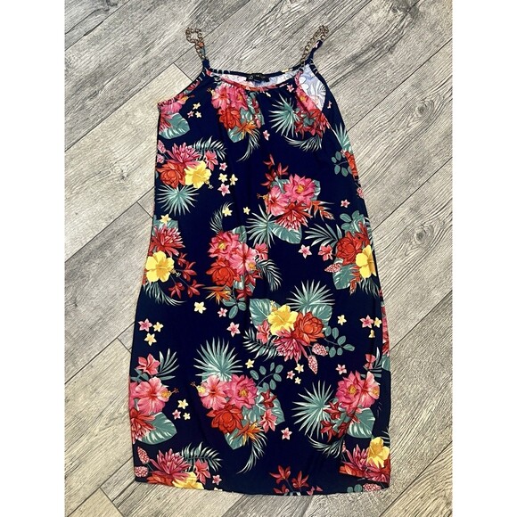 NWT Love Large Floral Navy Dress Gold Chain Straps - Picture 1 of 5